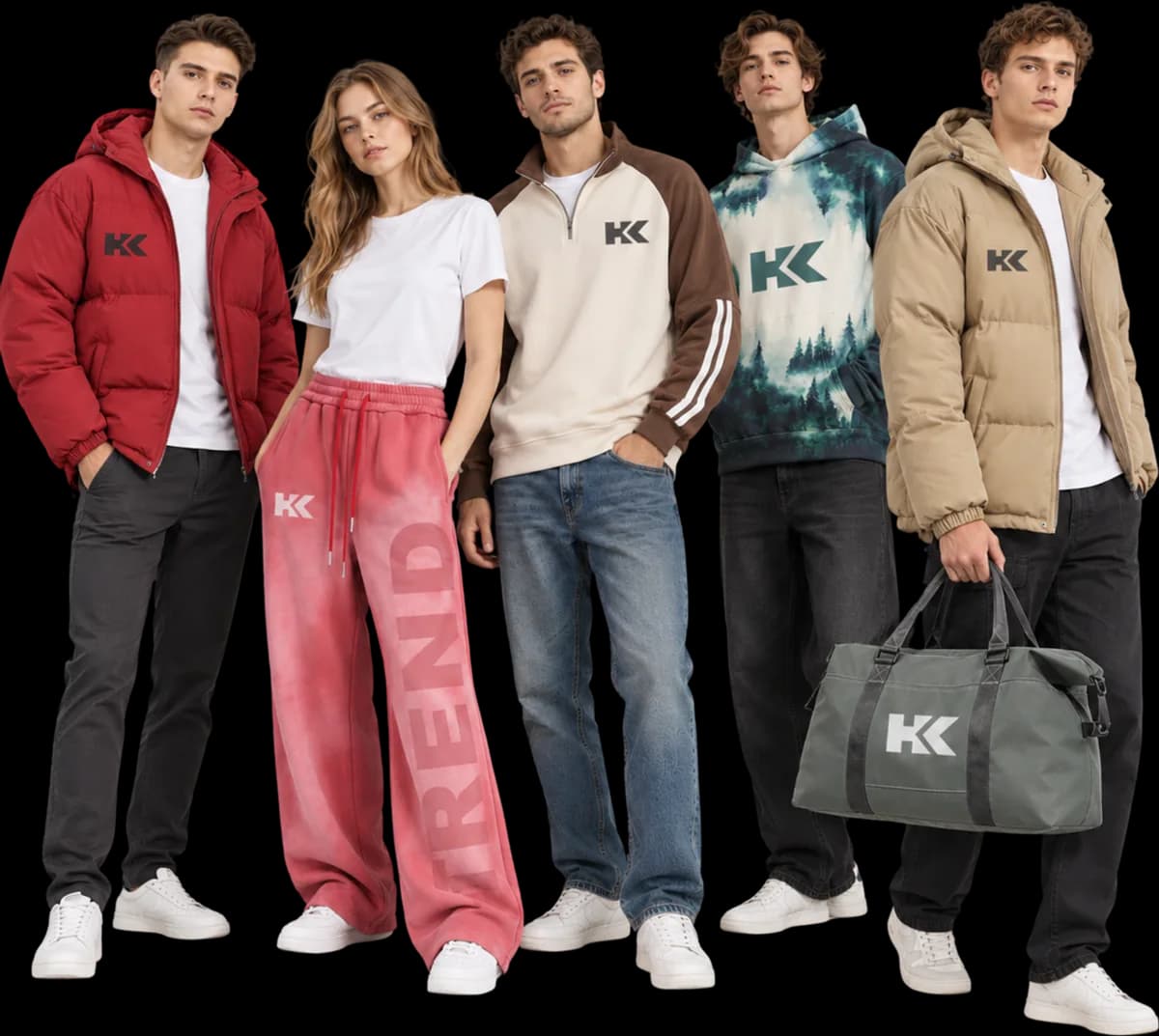 Five models wearing HighKraft activewear: padded jackets, a sweatshirt, a hoodie and sweatpants