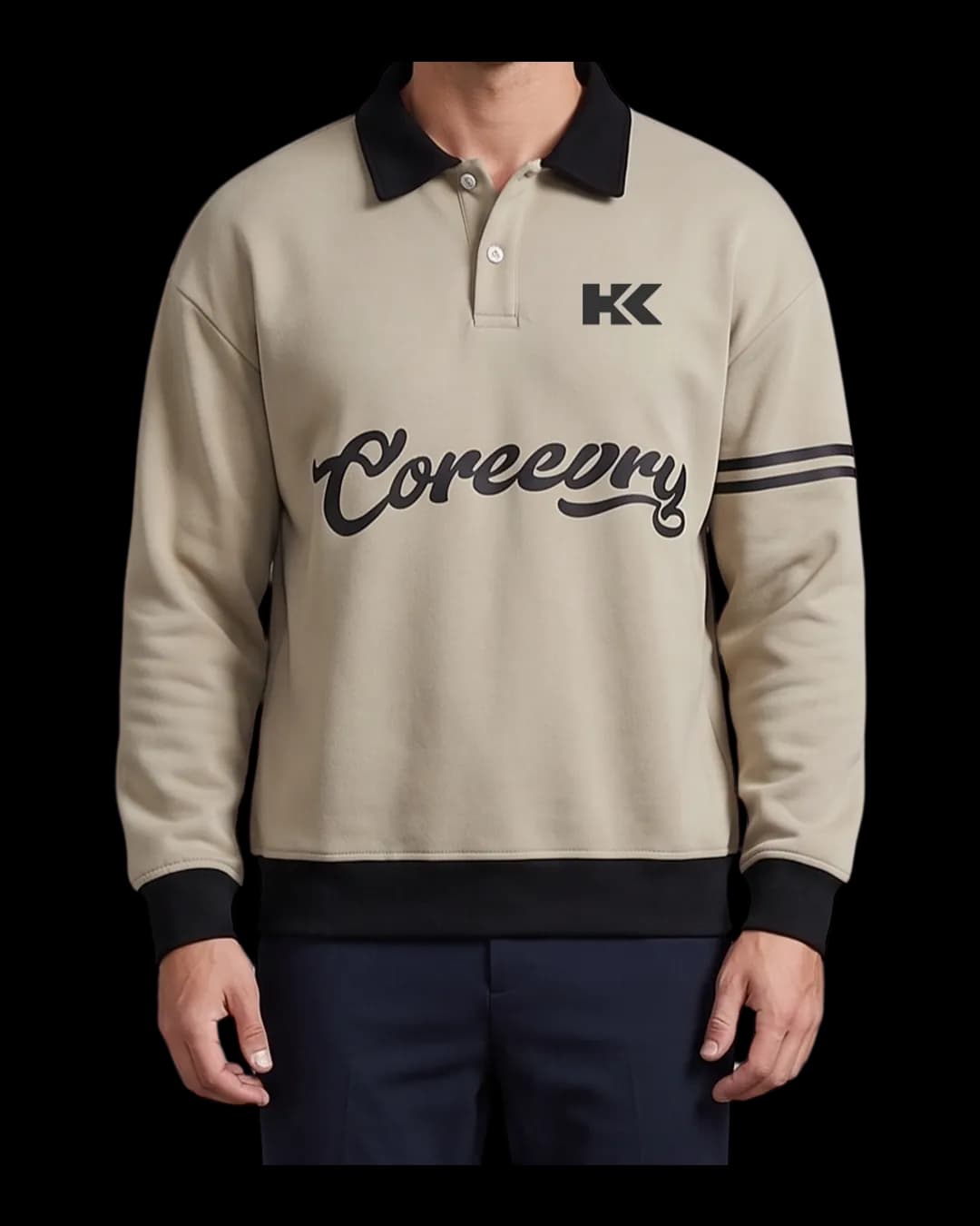 Collared Script Sweatshirt worn by a model