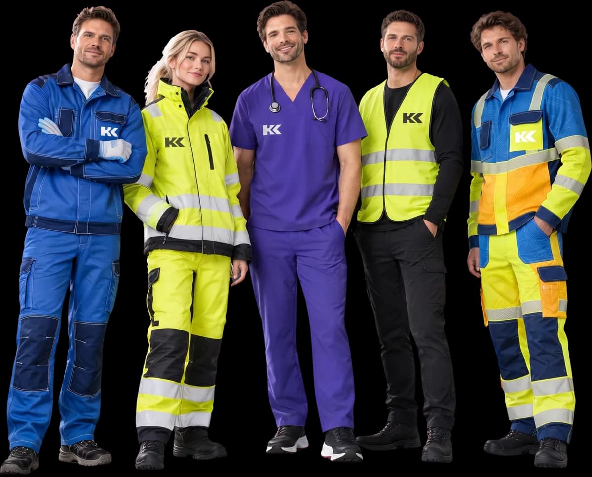 Five models wearing HighKraft workwear: coveralls, hi-vis suits and vests, and medical scrubs