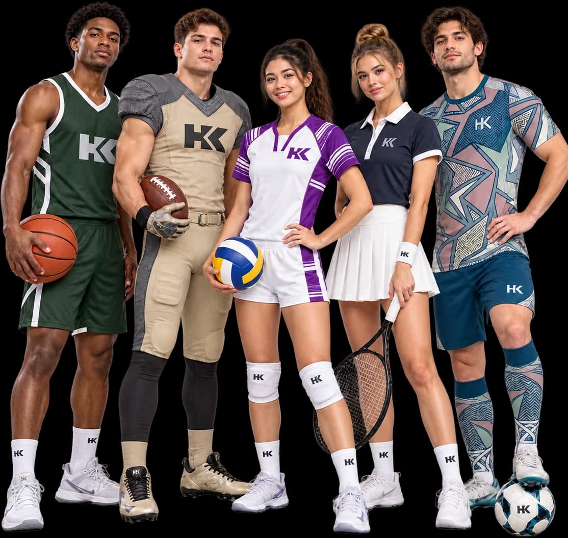 Five athletes wearing HighKraft sportswear: basketball, American football, volleyball, tennis and soccer kits