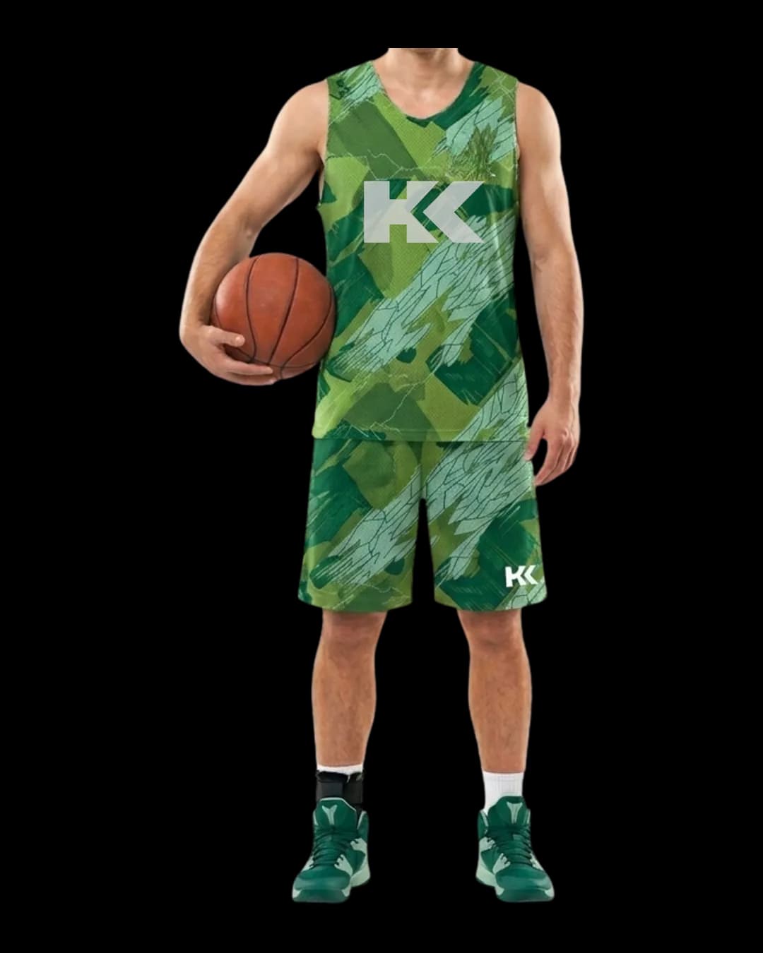 Abstract Print Basketball Uniform worn by a model