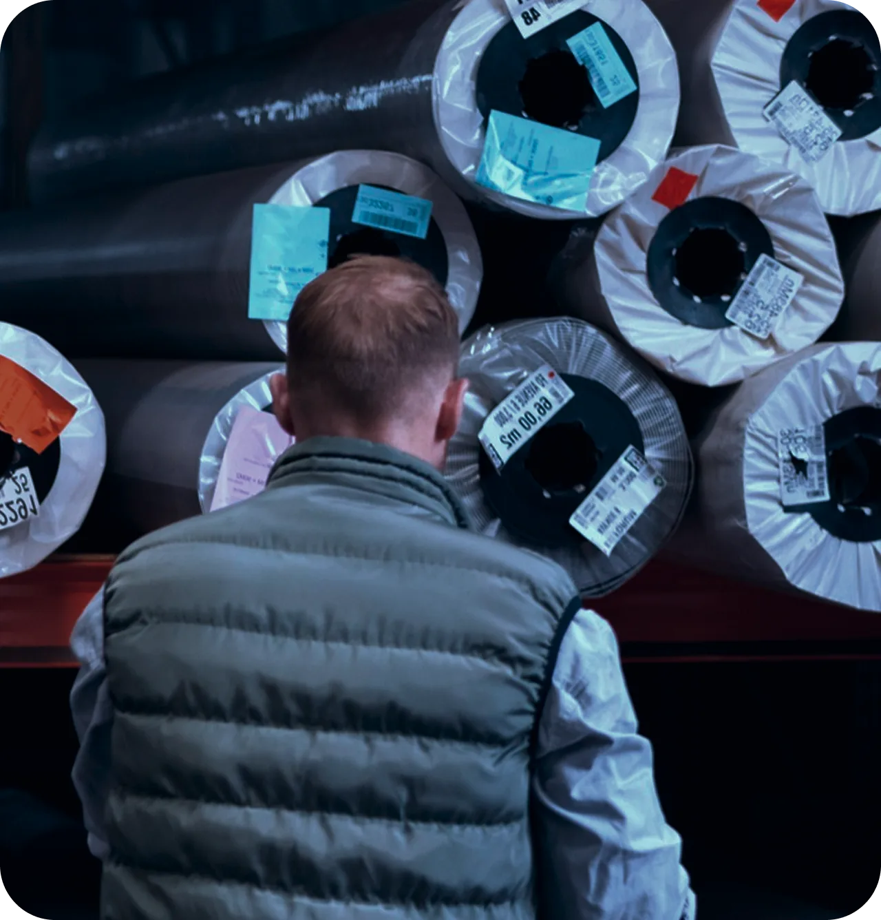 Team member checking labelled fabric rolls in the warehouse