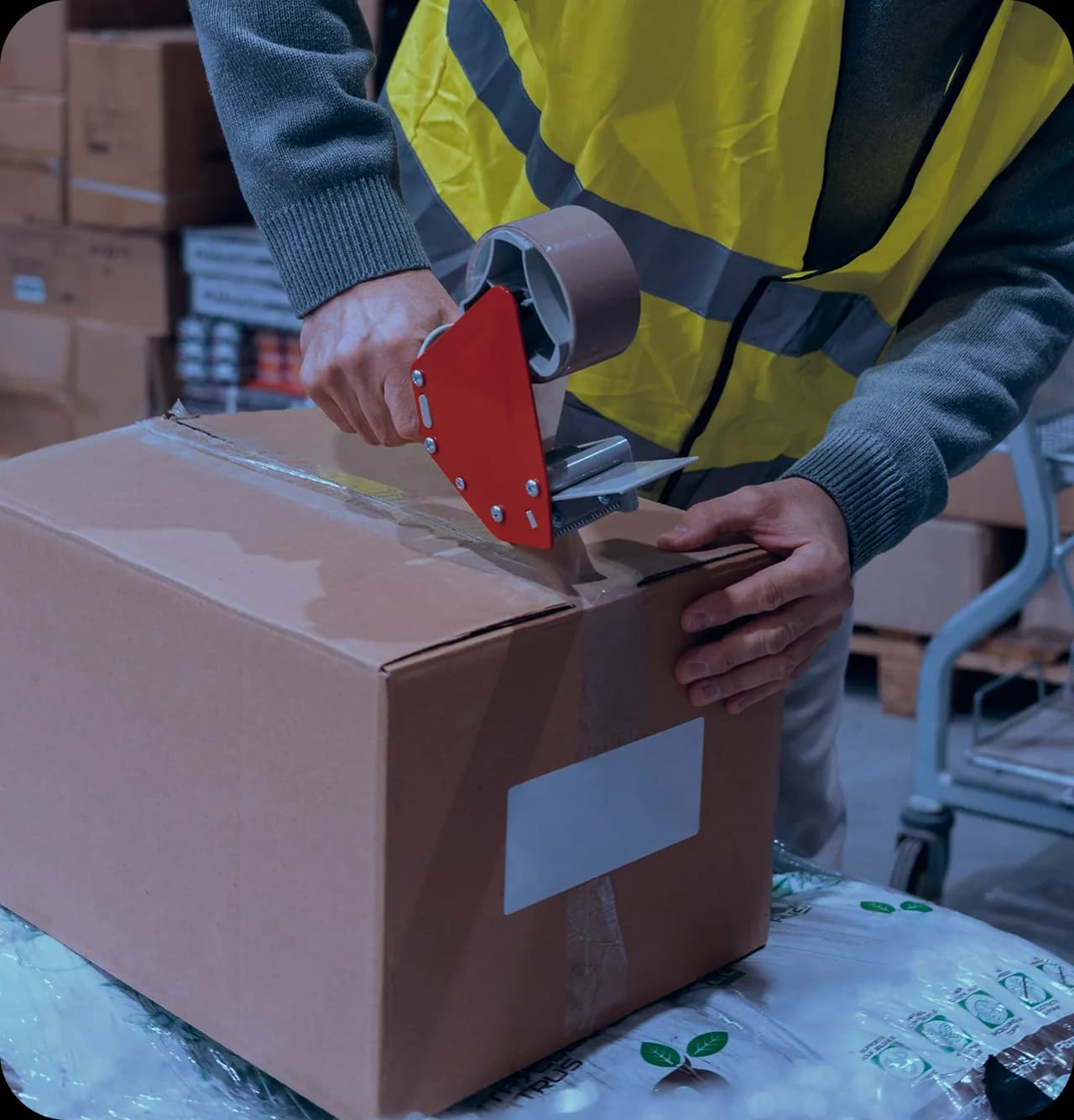 Worker sealing a packed shipping carton